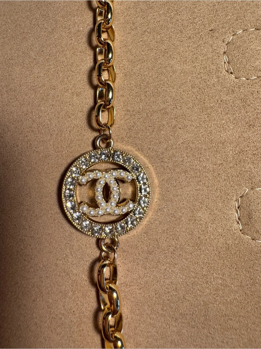 Chanel Pearl CC Gold Crystal Logo Chain Bracelet